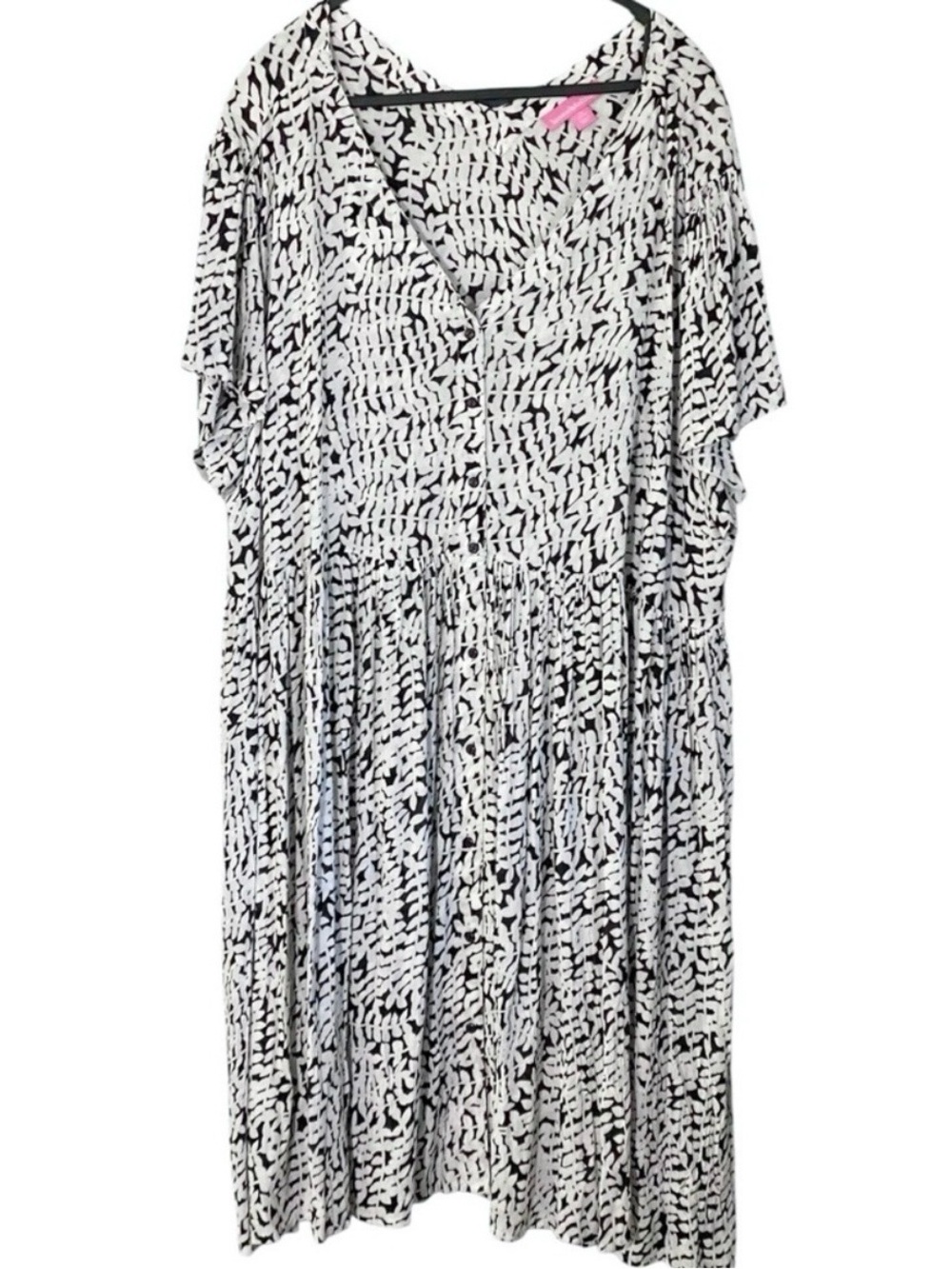 Black White Relaxed Fit Dress 2X Button Front Resort Vacation Beachy Boho Flowy